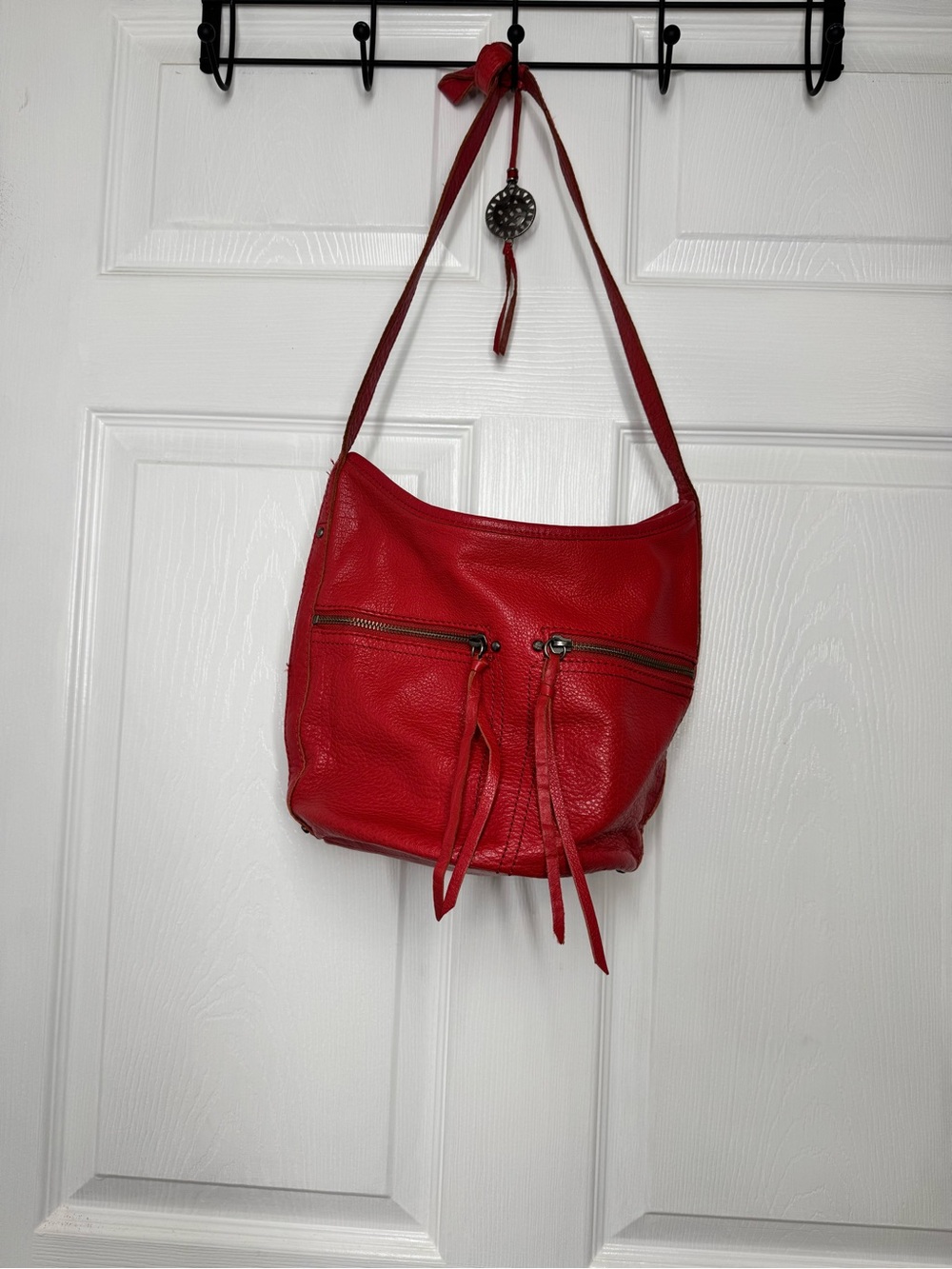 The Sak Red Leather Shoulder Bag with Dual Front Zips